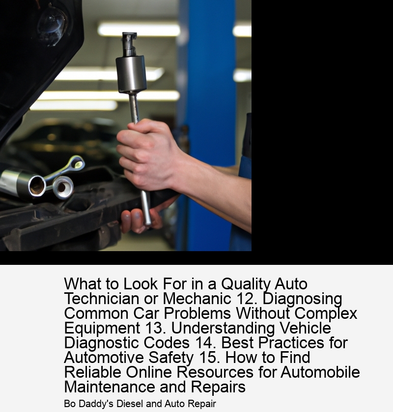 What to Look For in a Quality Auto Technician or Mechanic 12. Diagnosing Common Car Problems Without Complex Equipment 13. Understanding Vehicle Diagnostic Codes 14. Best Practices for Automotive Safety 15. How to Find Reliable Online Resources for Automobile Maintenance and Repairs